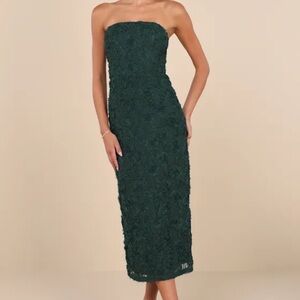 Lulus Flawless Perfection Emerald Floral Appliqué Strapless Midi Dress